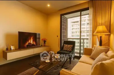 Luxurious living room with modern decor and city view balcony