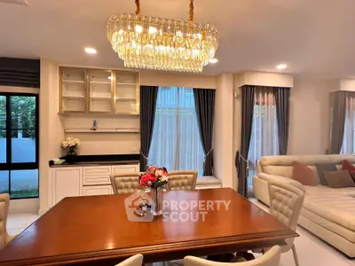 Elegant dining room with chandelier and cozy seating in modern home