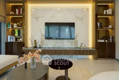 Luxurious modern living room with elegant marble wall and sleek furniture