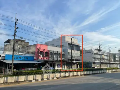 Commercial building exterior on a busy street with clear blue sky