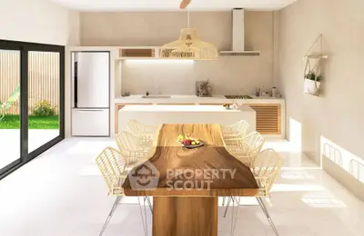 Modern kitchen with open layout, wooden dining table, and natural light.