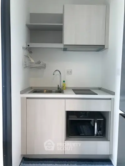 Compact modern kitchen with sleek cabinetry and built-in appliances in a minimalist design.