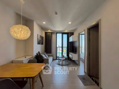 Modern living room with city view and stylish decor