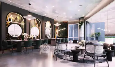 Luxurious modern living room with elegant decor and large windows
