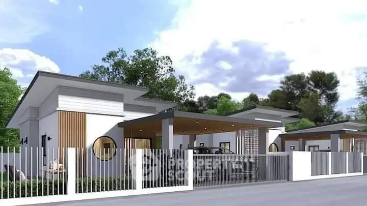 Modern single-story home with sleek design and spacious carport, surrounded by lush greenery.