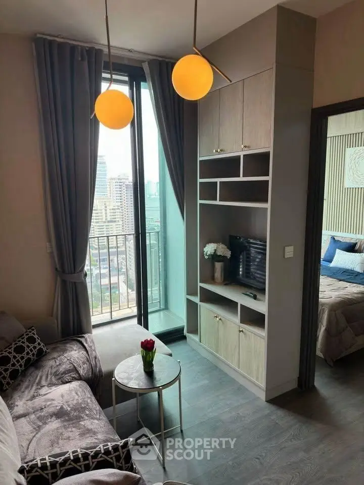 Modern living room with city view and stylish decor