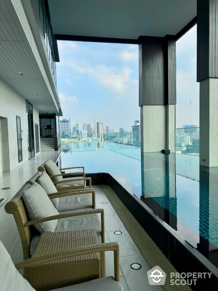 Luxurious rooftop pool with stunning city skyline view and elegant seating area.