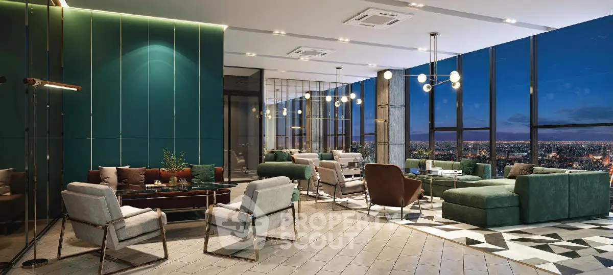Luxurious modern living room with panoramic city view and elegant furnishings.