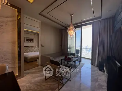 Luxurious living room with elegant chandelier and city view balcony