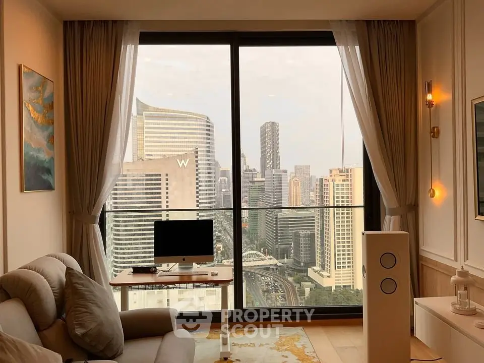 Luxurious living room with stunning city view through large windows, modern decor and cozy seating.