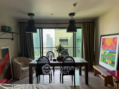 Chic urban living room with dining area and city view, perfect for modern lifestyle.