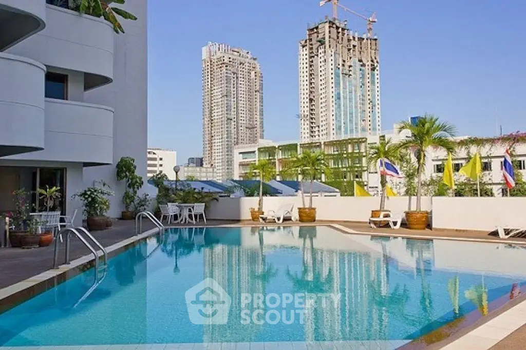 Luxurious urban apartment complex with a stunning pool and city skyline view.