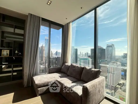 Luxurious living room with stunning city view and modern decor