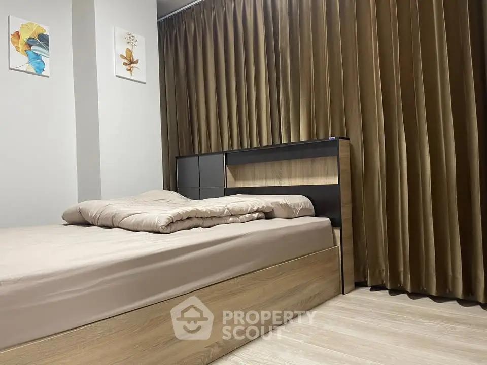 Cozy bedroom with modern wooden bed and elegant brown curtains