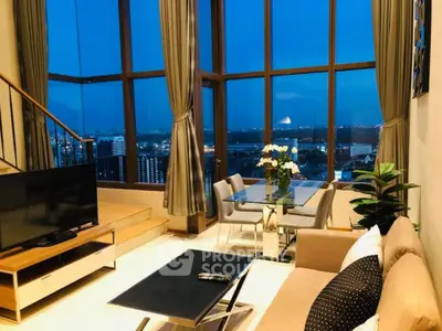 Luxurious high-rise living room with stunning city view and elegant decor