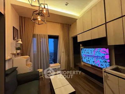 Modern living room with stylish lighting and balcony view