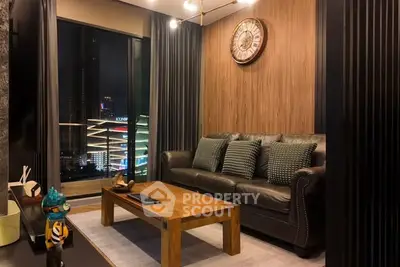Stylish living room with city view, leather sofa, and wooden accents.