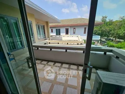 Spacious balcony with scenic view in modern residential building
