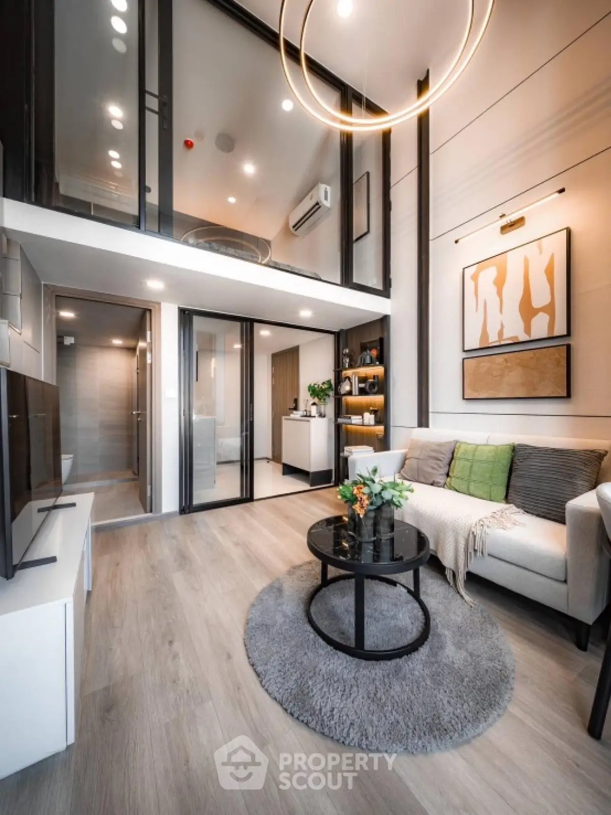 Modern loft apartment with stylish living room and mezzanine level