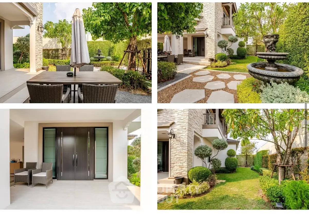 Luxurious garden with elegant patio and lush greenery in a modern home setting.