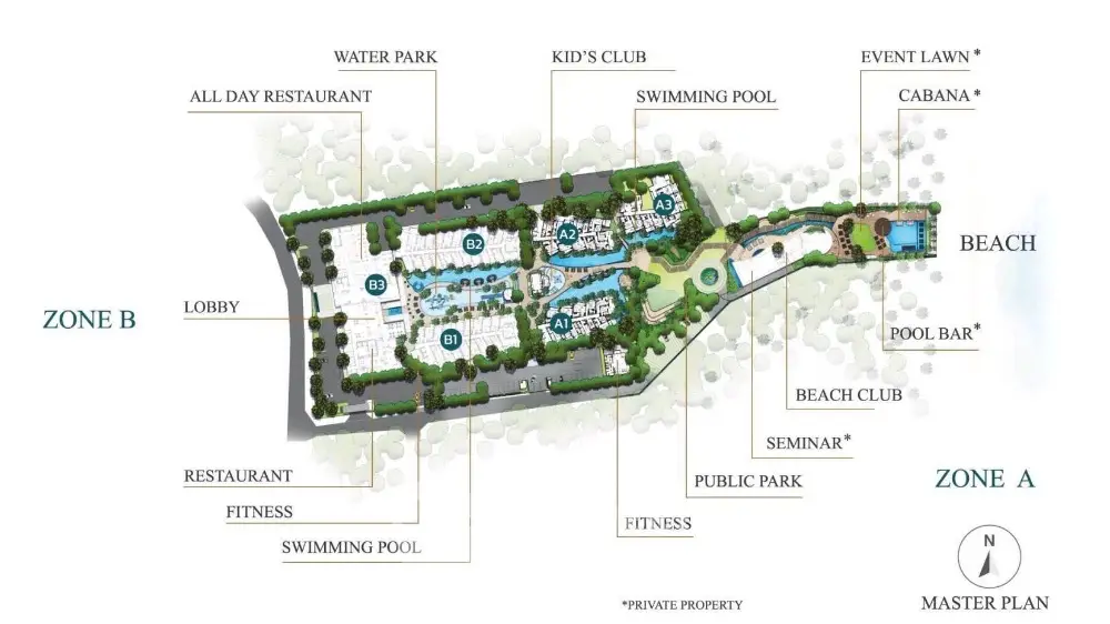 Luxurious beachfront resort master plan with pools, restaurants, and kid's club in tropical paradise.
