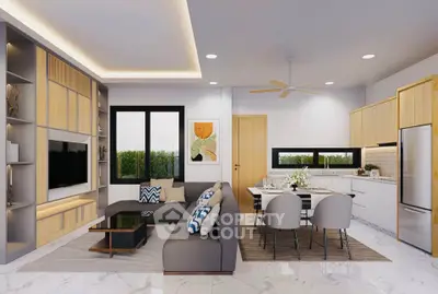 Modern open-plan living room and kitchen with stylish decor and natural light.