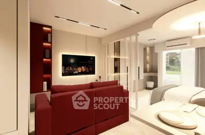 Modern living room with red sofa, wall-mounted TV, and elegant lighting