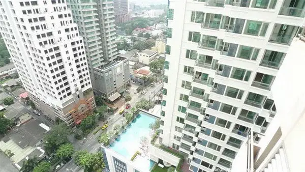 Stunning high-rise city view with pool and modern architecture