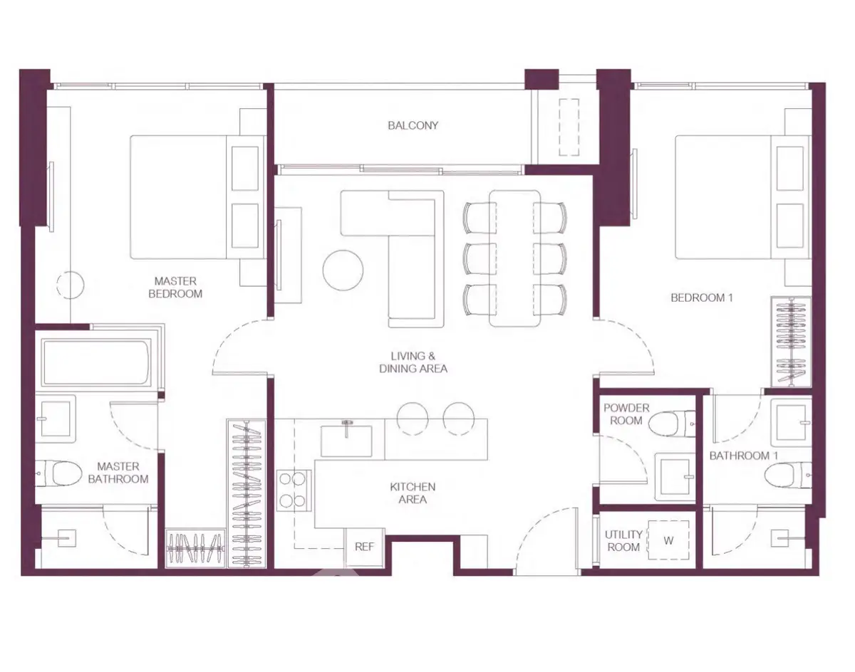 Spacious two-bedroom apartment floor plan with balcony and modern amenities.