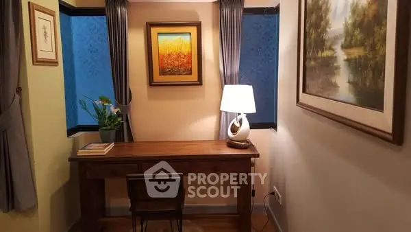 Cozy study nook with elegant wooden desk and ambient lighting