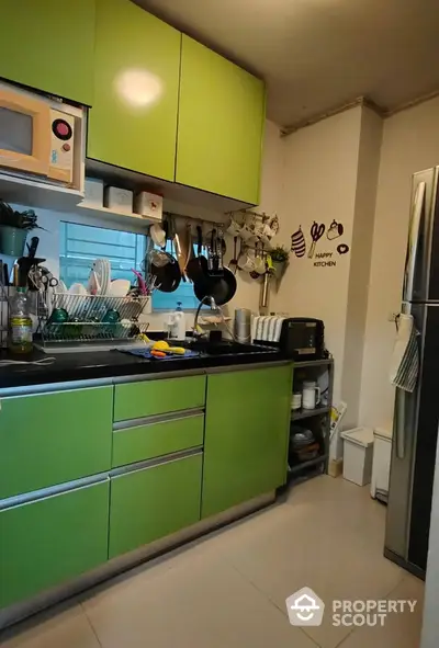 Charming compact kitchen with vibrant green cabinets and modern appliances