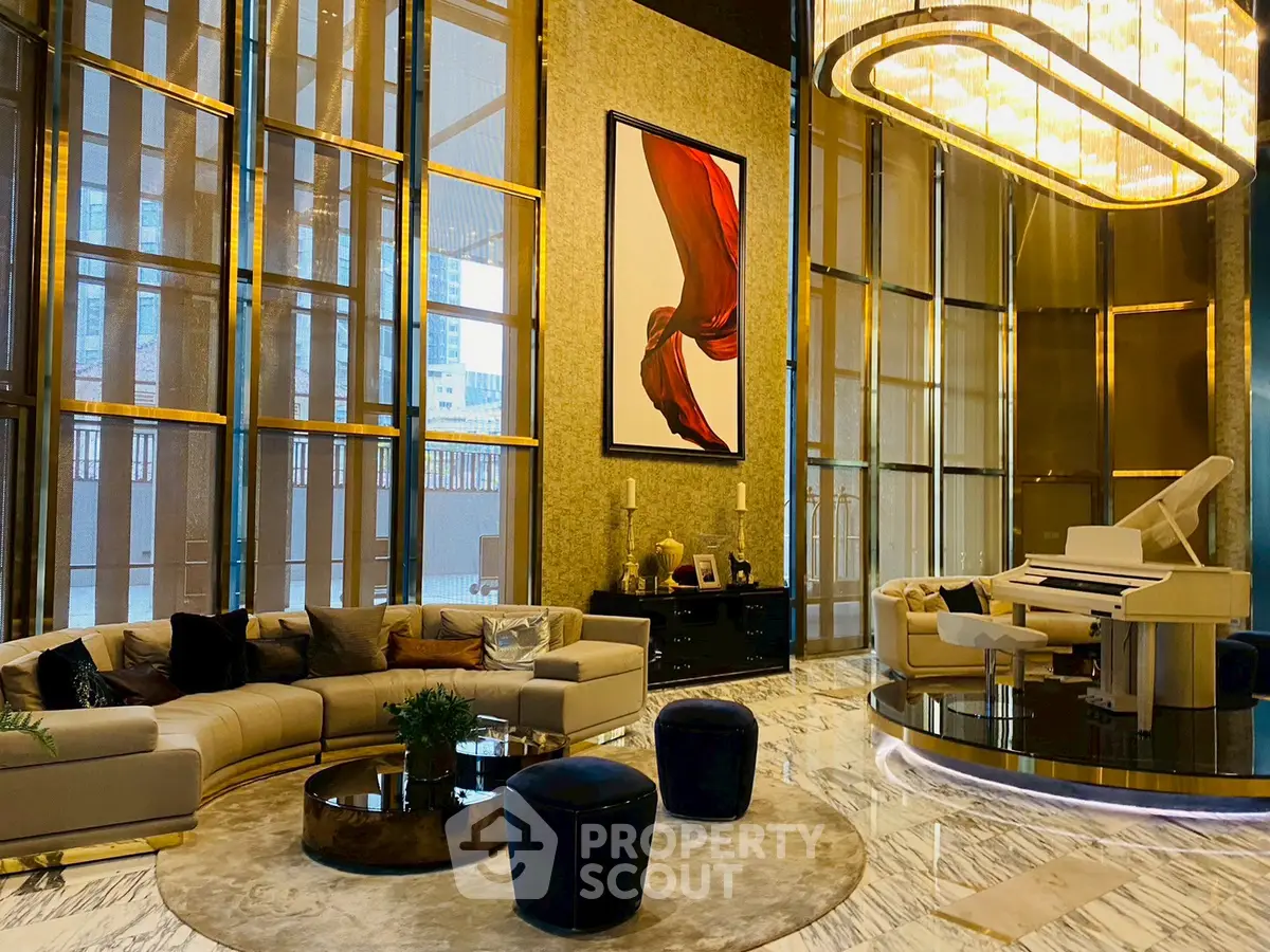 Luxurious living room with grand piano and elegant decor in high-rise building
