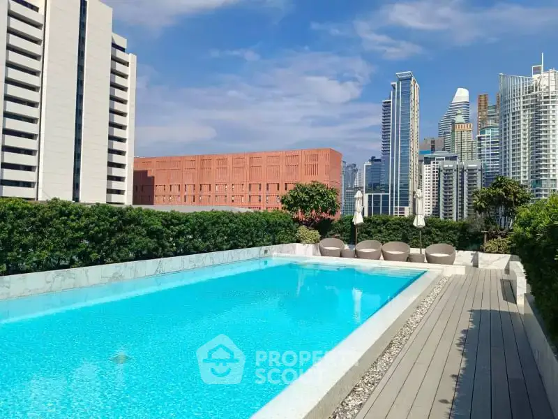 Luxurious rooftop pool with stunning city skyline views in modern urban setting.