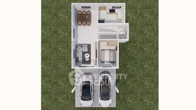 Modern 3D floor plan with open layout, featuring two-car garage, living area, and dining space.