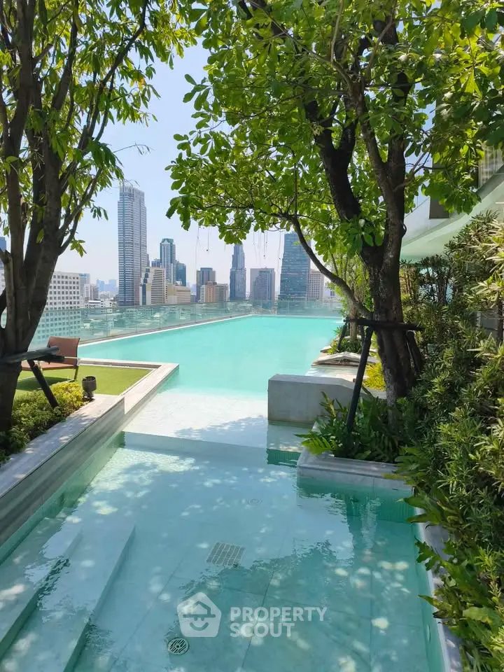 Luxurious rooftop pool with stunning city skyline view and lush greenery.
