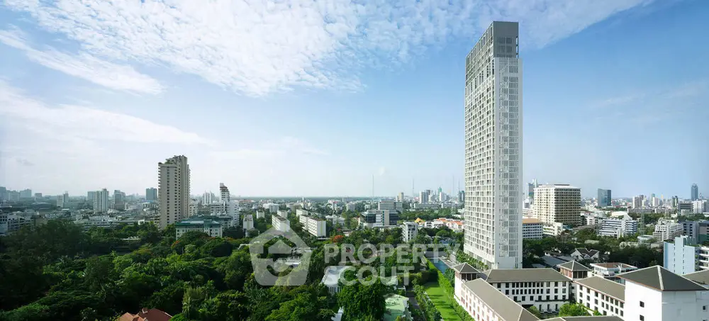 Stunning cityscape view with modern high-rise building and lush greenery, perfect for urban living.