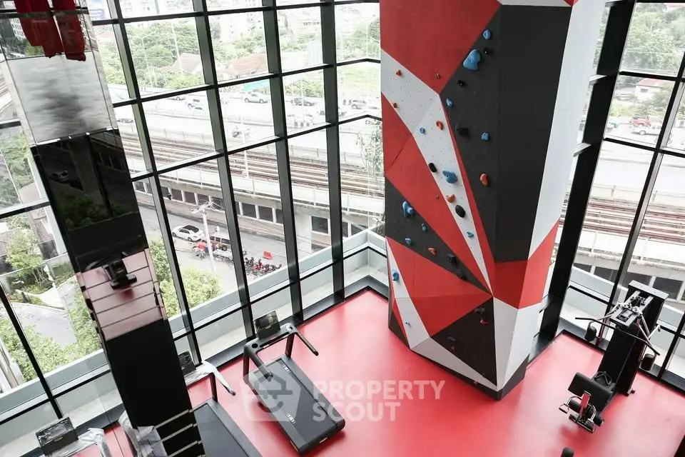 Modern gym with climbing wall and large windows offering city views