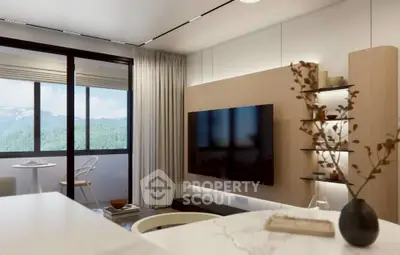 Modern living room with mountain view and sleek TV setup