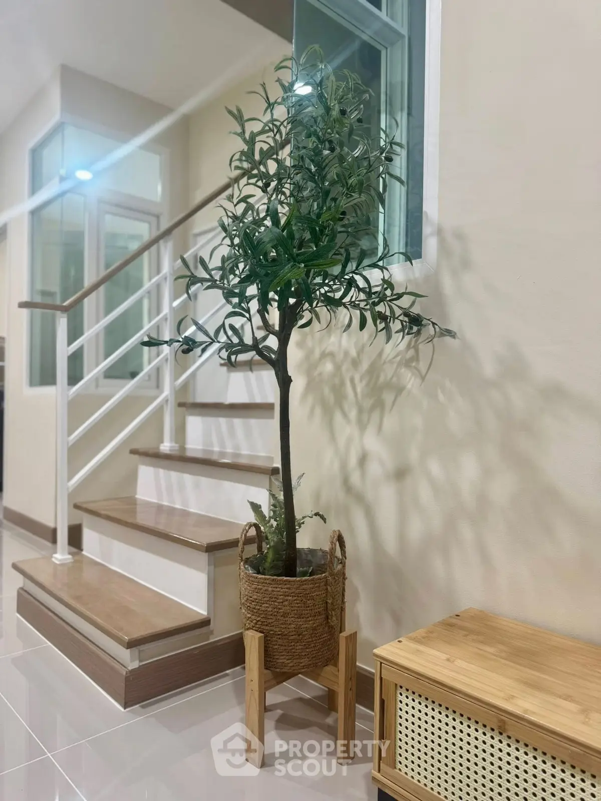 Modern interior with stylish staircase and decorative plant in a cozy home setting.