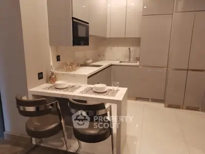 Modern kitchen with sleek cabinetry and breakfast bar in luxury apartment