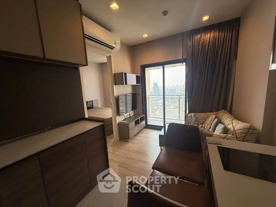 Modern apartment living room with city view and stylish furnishings