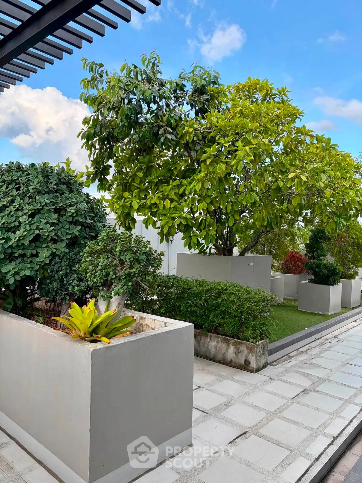 Stunning rooftop garden with lush greenery and modern design, perfect for relaxation and entertainment.