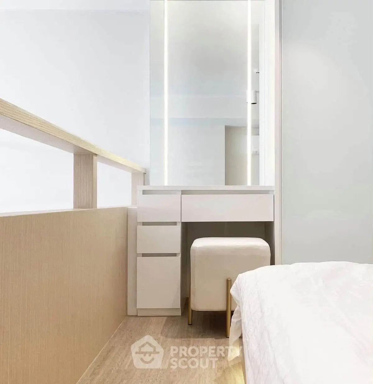 Modern minimalist bedroom with sleek vanity and natural light
