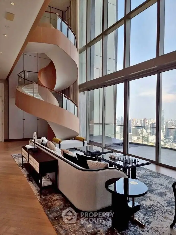Luxurious living room with spiral staircase and panoramic city view
