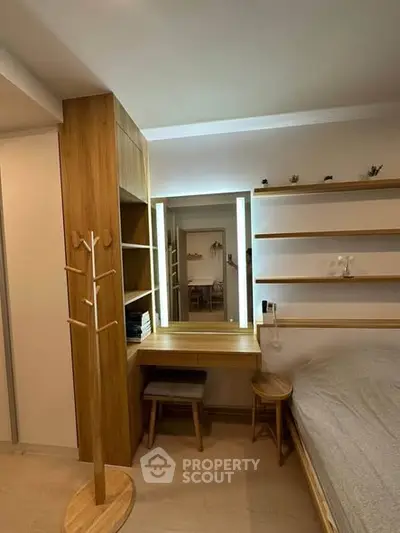 Cozy bedroom with wooden furniture and built-in shelves