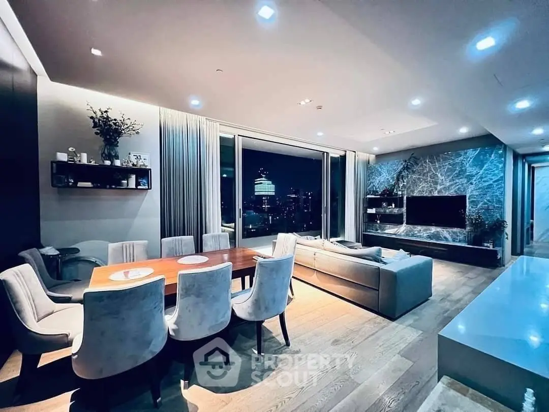 Luxurious modern living room with city view, elegant dining area, and stylish decor.