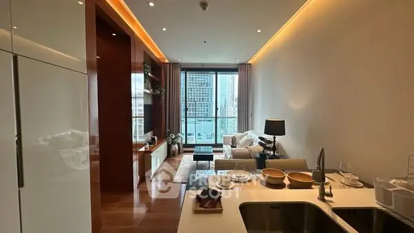 Modern living room with city view, sleek design and cozy ambiance.