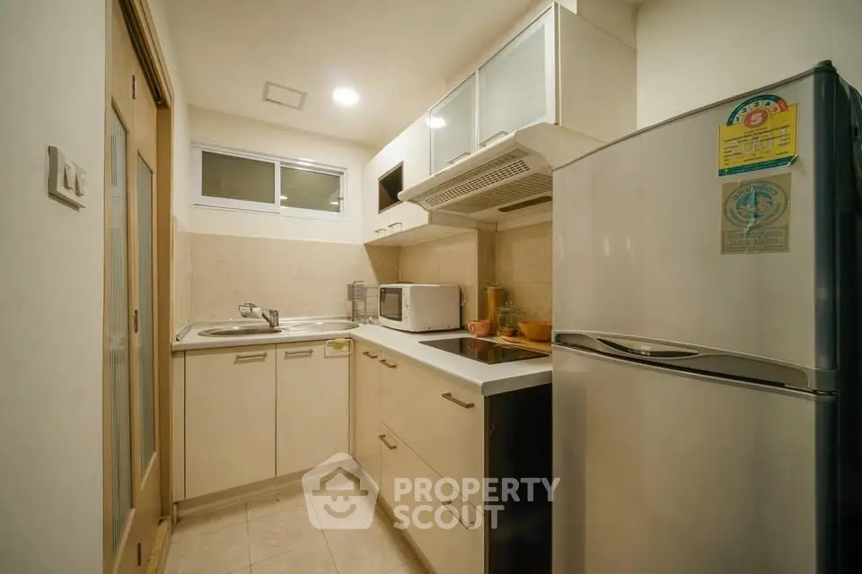 Compact modern kitchen with sleek cabinetry and stainless steel appliances.