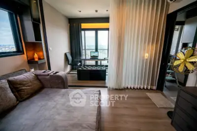 Modern living room with city view and stylish decor