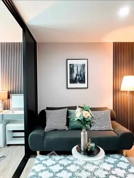 Modern living room with stylish decor and cozy seating